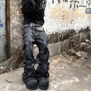 Japanese Archive Distressed Ripped Flared Bootcut Waxed Denim Jeans size 34